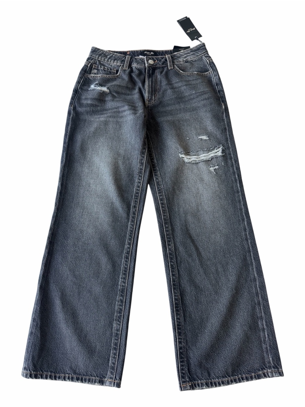 ✅ NWT Miss Me Washed out black Distressed mid rise slim Wide Leg Jeans size 28